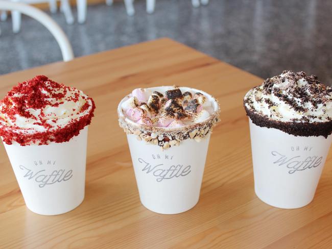 Oh My, Waffle's range of hot chocolates: red velvet 'drop it like it's hot', the s'mores 'campfire', and Nutella and oreo 'let's get chocolate wasted'. 