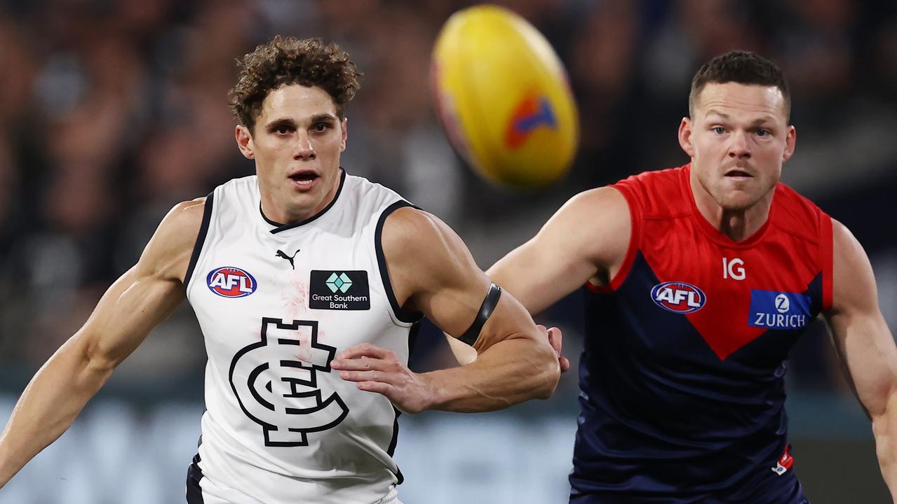 Charlie Curnow struggled to have an impact against the Dees with Steven May tracking his every move. Picture: Michael Klein