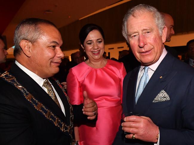 Prince Charles (right) with Gold Coast Mayor Tom Tate (left) and Queensland Premier Annastacia Palaszczuk. Picture: Darren England