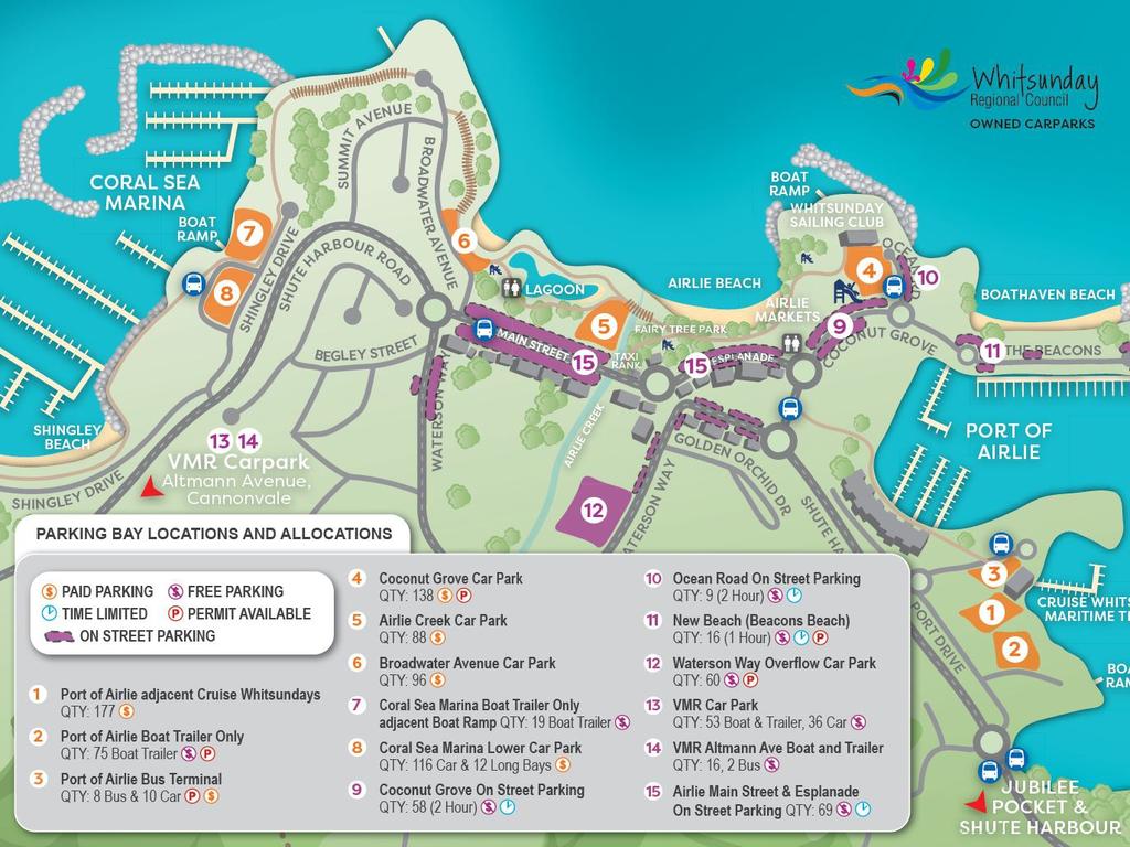 Whitsunday Regional Council provides a map on its website showing council-managed car parks in Airlie Beach, including the Coral Sea Marina. Picture: Supplied