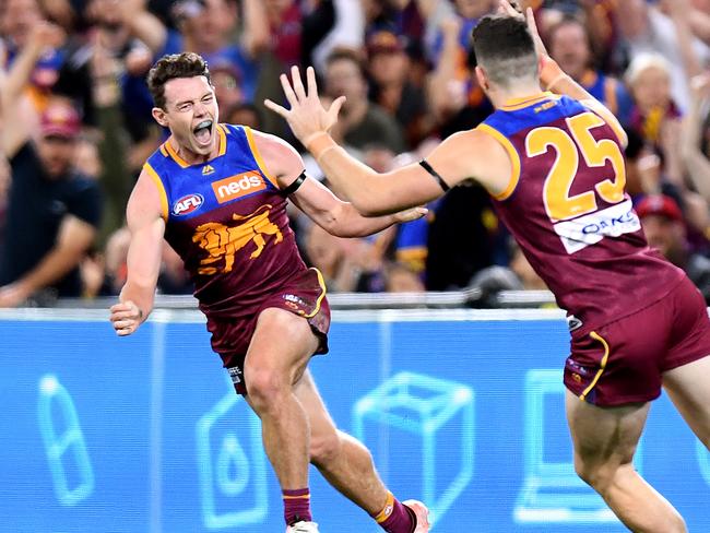 BRISBANE, AUSTRALIA - SEPTEMBER 07: Lachie Neale of the Lions celebrates kicking a goal during the AFL 2nd Qualifying Final match between the Brisbane Lions and the Richmond Tigers at The Gabba on September 07, 2019 in Brisbane, Australia. (Photo by Bradley Kanaris/Getty Images)