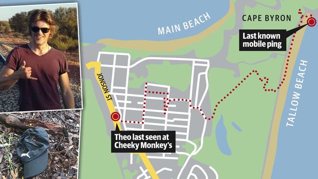 Theo Hayez's final phone records, obtained by News Corp, show the route he took from Cheeky Monkey's about 11pm until just after 1am the next morning when the last recorded signal came from a tower near Cape Byron lighthouse.