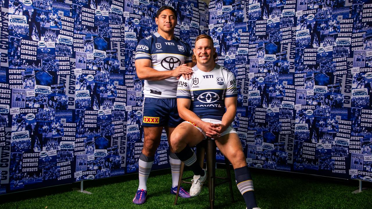 Jason Taumalolo and Reuben Cotter in the 2025 home and away jerseys.