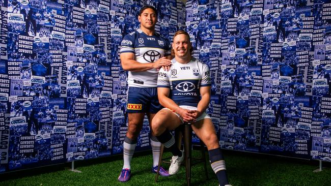 Jason Taumalolo and Reuben Cotter in the 2025 home and away jerseys.