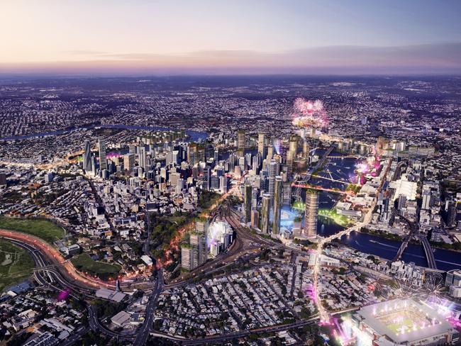 Concept art by Urbis showing Brisbane’s inner-city stadiums linked for the 2032 Games