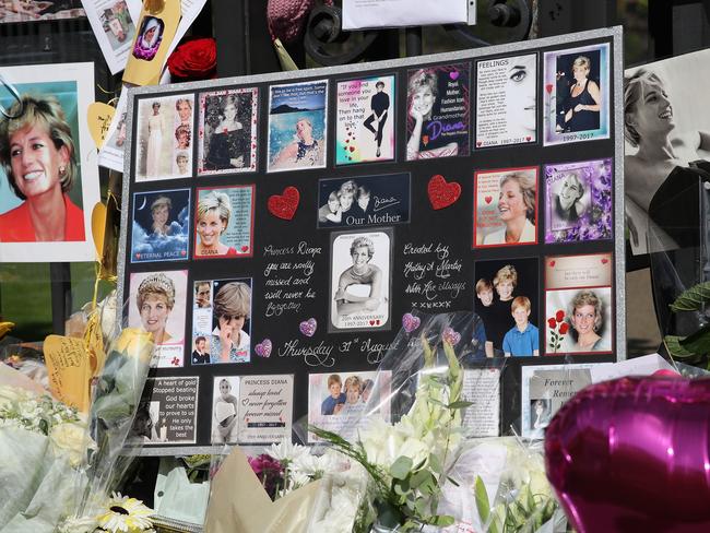 Tributes and flowers at the Gates of Kensington Palace on the 20th anniversary of the death of Princess Diana at Kensington Palace on August 31, 2017 in London, England. Picture: AP.