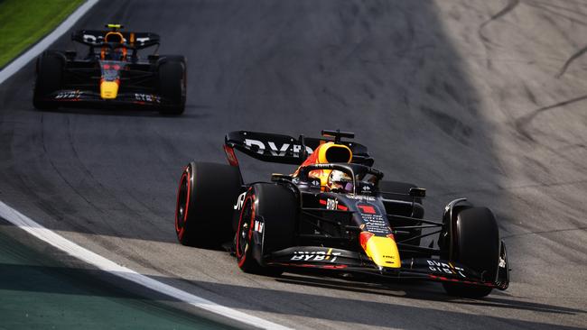 Max Verstappen leads teammate Sergio Perez in Brazil. Picture: Chris Graythen/Getty Images