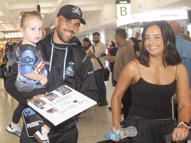 Las Vegas NRL teams return to Sydney.Cronulla Sharks  player - Will Kennedy with his family . Photo Jeremy Piper