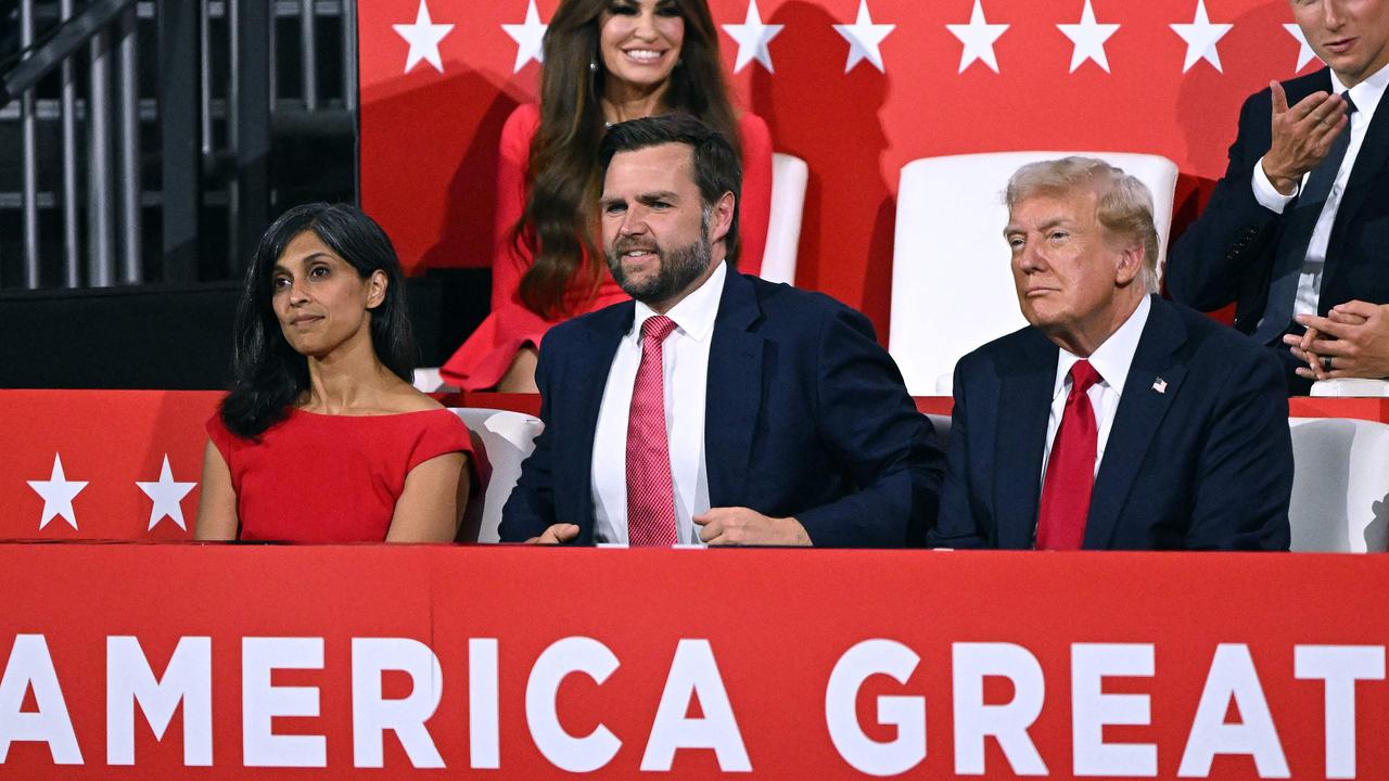 Donald Trump sits with Republican vice presidential candidate JD Vance and his wife Usha Chilukuri Vance in the not-cheap seats. Picture: Leon Neal/Getty Images via AFP