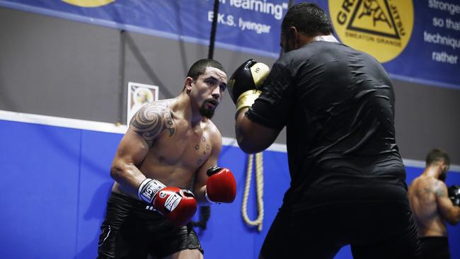 Robert Whittaker trains with NSW Origin prop Junior Paulo at his Smeaton Grange gym. Picture: Sam Ruttyn