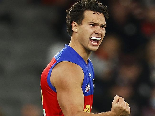 MELBOURNE, AUSTRALIA - AUGUST 12: Cam Rayner of the Lions celebrates kicking a goal during the round 22 AFL match between the St Kilda Saints and the Brisbane Lions at Marvel Stadium on August 12, 2022 in Melbourne, Australia. (Photo by Daniel Pockett/AFL Photos/via Getty Images)