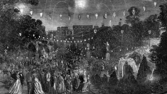 Illumination of Melbourne’s Fitzroy Gardens in honour of the arrival of Prince Alfred in 1867. Picture: State Library Victoria.