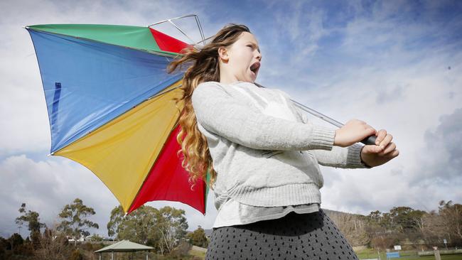 Tasmania will be lashed by windy weather over the weekend. Ruby Foxpoulton, 10, of Boyer. Picture: PATRICK GEE