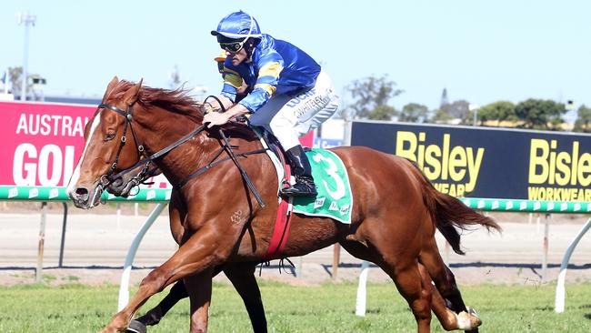 Gold Coast race meeting at Aquis Park.Photo of winner of race 3, number 3 ROLLING REIGN. Jockey is Chris Whiteley. Trainer is Garry Baker.Photo by Richard Gosling