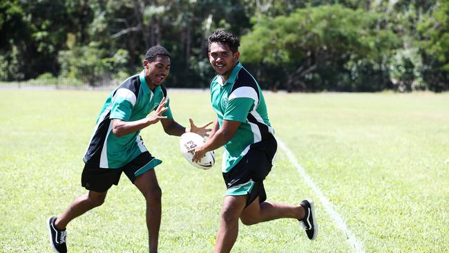 Trinity Bay State High School student Joseph Pearson, left, with Makgiil Deemal Picture: Brendan Radke