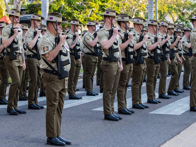 More than 200 soldiers from 8th/12th Regiment, Royal Australian Artillery at the Freedom of Entry salutes on the march through Palmerston on Friday. Picture: Pema Tamang Pakhrin