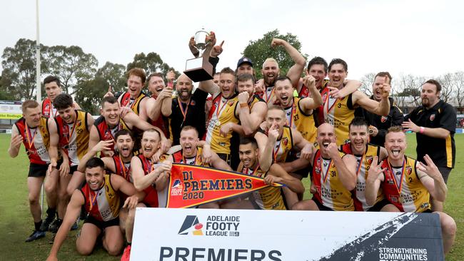 Goodwood celebrates its 2020 division one Adelaide Footy League premiership. Picture: Dean Martin