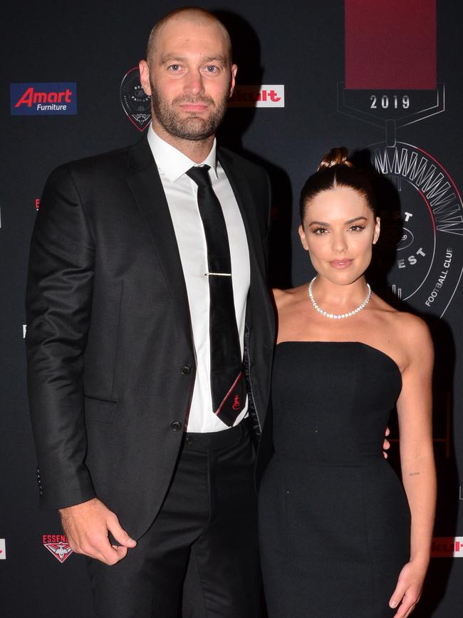 Thomas Bellchambers and Olympia Valance at the Essendon Best and Fairest. Picture: Fiona Byrne