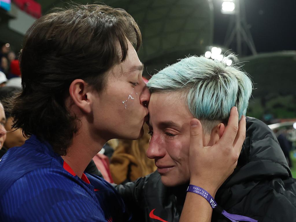 End of an era: USA’s Megan Rapinoe is consoled by cousin Austin Rapinoe as her team is knocked out of the tournament after a penalty shootout versus Sweden. Picture: Alex Grimm/Getty Images