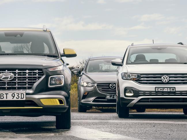 Photo of three-way comparison test between the Hyundai Venue, Mazda CX-3 and Volkswagen T-Cross. Shot by Thomas Wielecki.