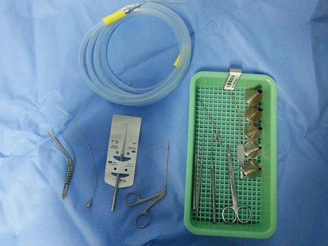 Instruments used for a simple grommet insertion procedure.