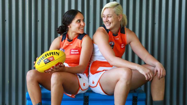 Haneen Zreika (left) from Auburn and Renee Tomkins from Penrith will return to the GWS Giants AFLW squad in 2019 after being redrafted last month. Pictures: Angelo Velardo