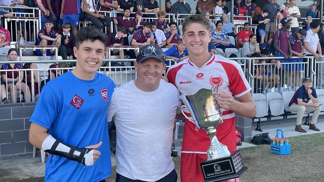 PBC SHS players Marley McLaren and Taj lateo with Broncos legend Kevin Walters after the school won the Walters Cup in 2022. McLaren is again injured and Lateo will be the senior half.