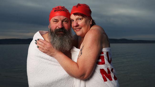 Rob Butler and Kathleen Moore of Hobart. Dark Mofo 2023 Nude Solstice Swim at Long Beach Sandy Bay. Picture: Nikki Davis-Jones