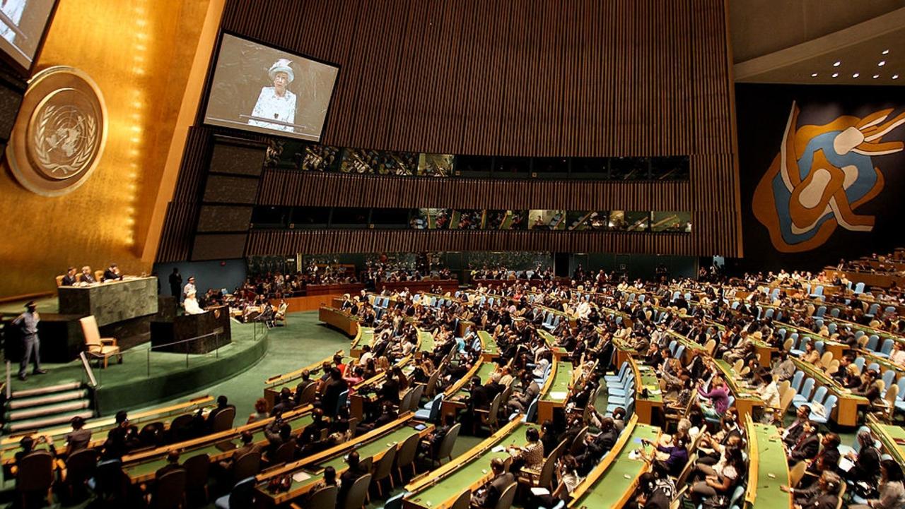 Queen Elizabeth II addresses the United Nations at the UN Headquarters on July 6, 2010 in New York City. Picture: Chris Jackson-Pool/Getty Images