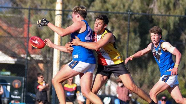 Action from the Adelaide Footy league division one clash between Goodwood Saints Unley Jets. Picture: Brayden Goldspink