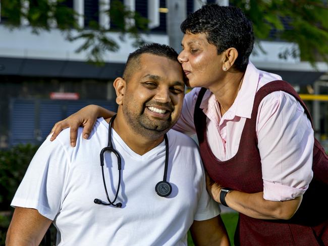 Dinesh Palipana is a quadriplegic who will start work as a doctor at Gold Coast University Hospital on Monday. Dinesh with his mother Anne Palipana. Picture: Jerad Williams.