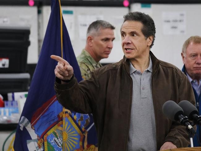 New York Governor Andrew Cuomo speaks to the media and members of the National Guard at the Javits Convention Center in New York City. Picture: AFP