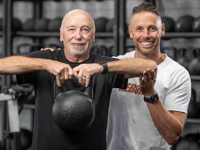 ** PLEASE HOLD FOR HEALTH OF THE NATION **23/01/25. Network News. Feature. Sydney, NSW. Pics by Julian Andrews.Personal trainer and gym manager, Pat Carr, with his Dad Maurice in PatÃs gym in Caringbah. Pat says that strength training is the secret weapon to weight loss and longevity.