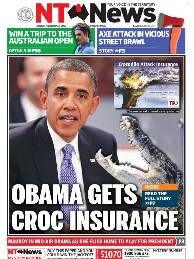 Front page of the NT News on November 15, 2011, in the lead up to President Barack Obama's visit to Darwin.