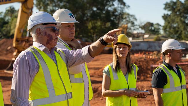 Lord Mayor Kon Vatskalis, General Manager Halikos construction Chris Giannikouris, CEO City of Darwin Simone Saunders and Deputy Lord Mayor Jimmy Bouhoris on-site at the Casuarina Aquatic and Leisure Centre. Picture: Pema Tamang Pakhrin