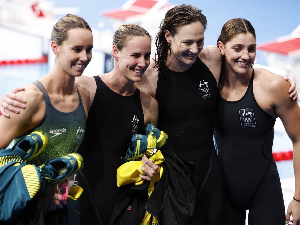 Emma McKeon, Bronte Campbell, Cate Campbell and Meg Harris after winning gold in the 4x100 freestyle relay at the Tokyo Olympic Games. Cate Campbell has won three consecutive gold medals in the event, stretching back to London 2012. Picture: Fred Lee/Getty Images