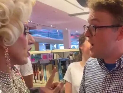 Protesters shout at a drag queen after a Brisbane City Council library event. Picture: Supplied