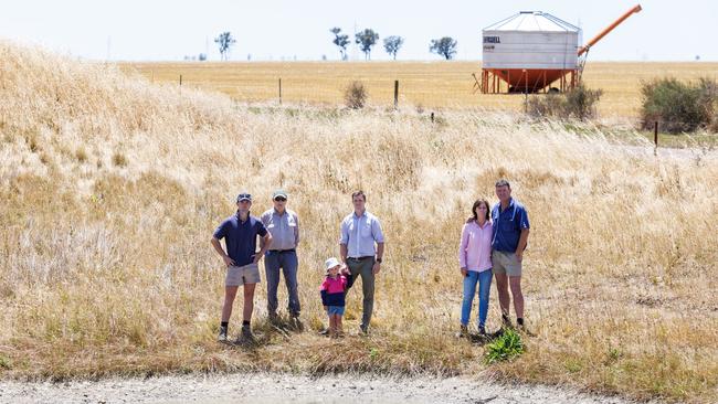 Four generations of the Johns family: Lachie, 86-year-old Max, Mitch with his daughter Evie, and Donna and Chris Johns. Picture: Aaron Francis