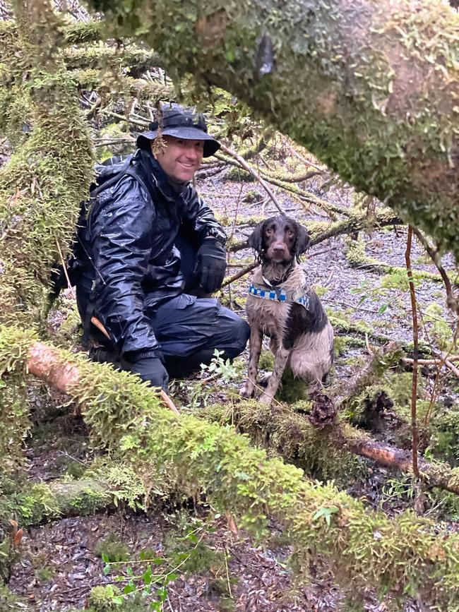 NSW Police dog handler Senior Constable Chris Hill and 5-year-old cadaver dog Wags searching for missing Belgian tourist Celine Cremer at Philosopher Falls on Tasmania's West Coast. Picture: Tasmania Police