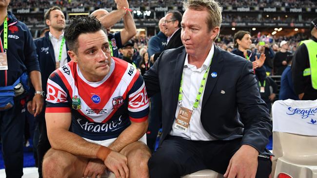 Roosters coach Trent Robinson with Cooper Cronk after 2018 NRL grand Final. Photo: NRL