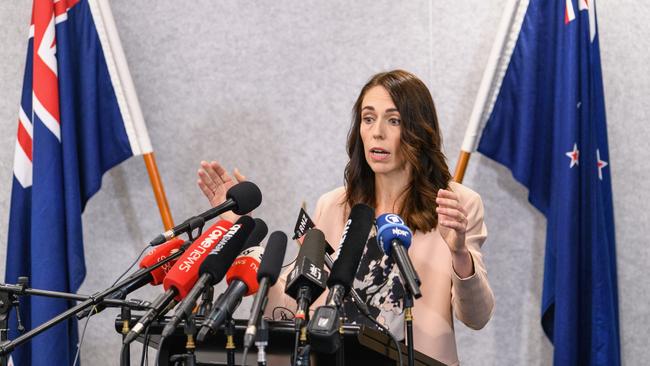 New Zealand Prime Minister Jacinda Ardern speaks to the media.