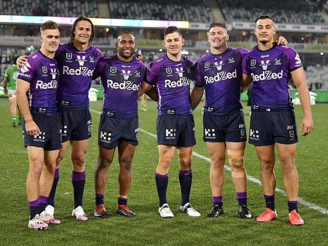 Sunshine Coast Stormers Ryan Papenhuyzen, Nicho Hynes, Justin Olam, Ryley Jacks, Darryn Schonig and Tino Fa'asuamaleaui celebrate Saturday night's win over Canberra.