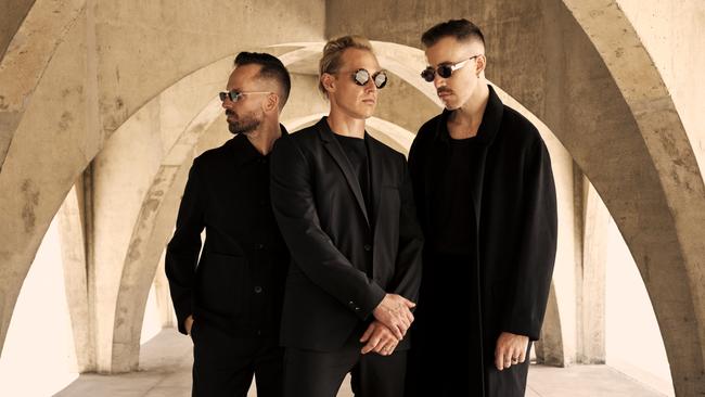 Australian alternative dance trio Rufus Du Sol, pictured ahead of the 2024 release of fifth album 'Inhale / Exhale'. L-R: Jon George, Tyrone Lindqvist and James Hunt. Picture: Boaz Kroon