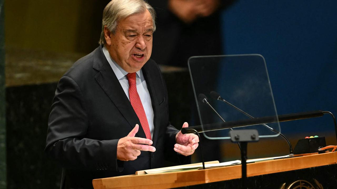 Mr Guterres speaking to the General Assembly. Picture: Angela Weiss/AFP