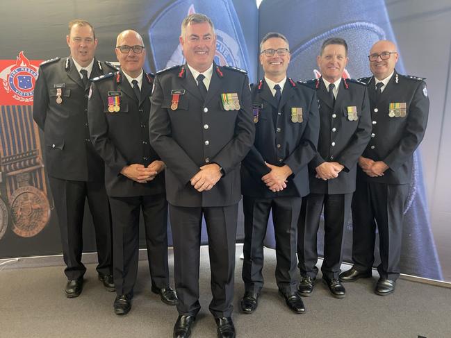 From left to right: Mark Kennedy, Michael Morgan, Gavin Freeman, Gavin Rooney, Edward Lacko and Tony OâDay at the FRV Long and Good Service Awards Ceremony in Traralgon on Wednesday, November 27, 2024. Picture: Jack Colantuono