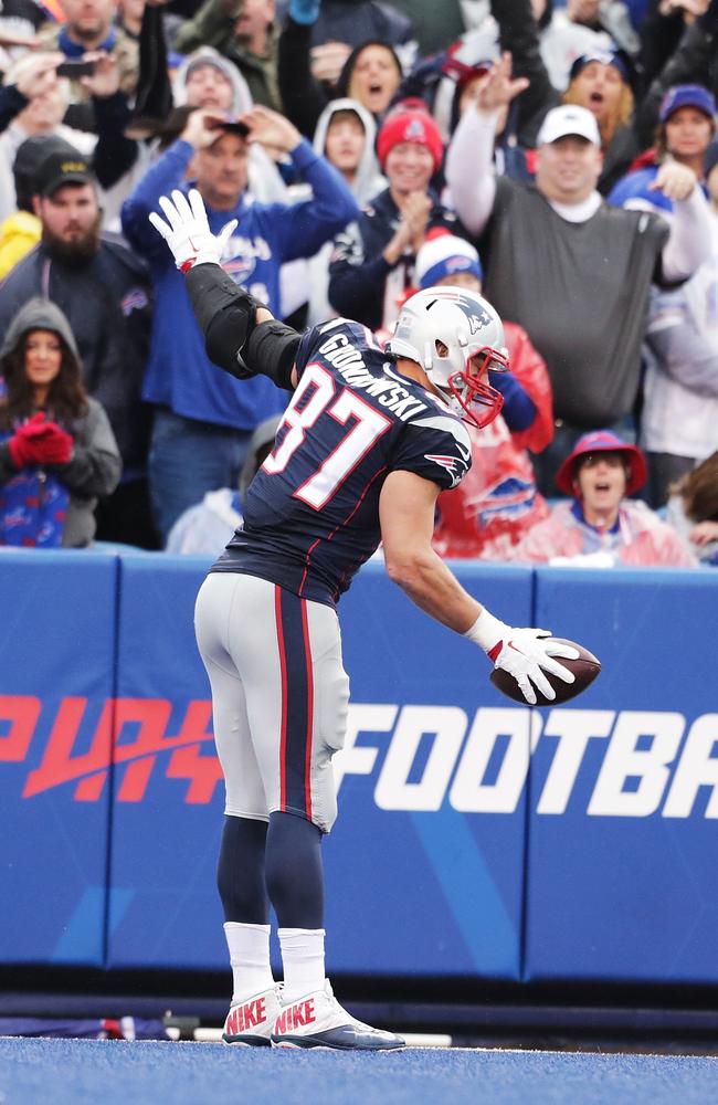 Rob Gronkowski #87 of the New England Patriots celebrates his touchdown.