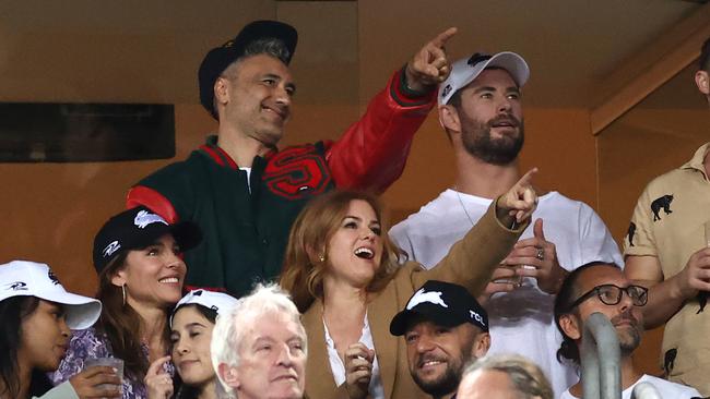 Taika Waititi, Chris Hemsworth, Elsa Pataky, Isla Fisher and Russell Crowe watch the round three NRL match between the South Sydney Rabbitohs and the Sydney Roosters. Picture: Getty Images.