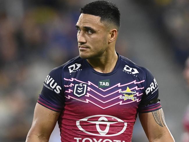 TOWNSVILLE, AUSTRALIA - JULY 22: Valentine Holmes of the Cowboys loduring the round 21 NRL match between North Queensland Cowboys and Parramatta Eels at Qld Country Bank Stadium on July 22, 2023 in Townsville, Australia. (Photo by Ian Hitchcock/Getty Images)