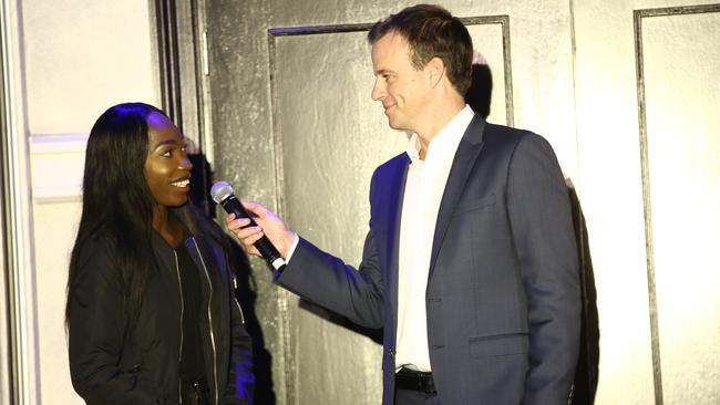 Bendere Oboya chatting with host for the evening, Fox Sports presenter Adam Peacock. Picture: Damian Shaw