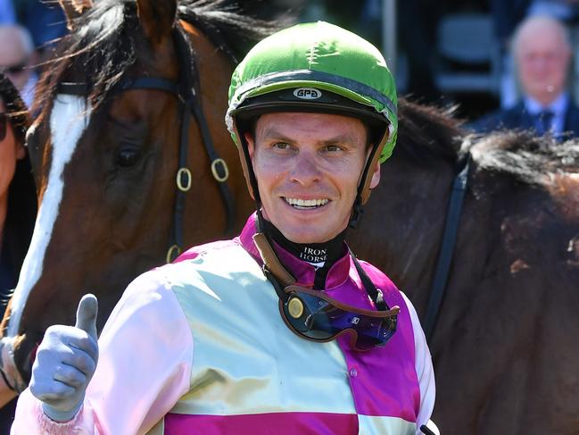 Ben Melham returns to the mounting yard after winning  the Magic Millions Debutant Stakes at Caulfield Racecourse on October 18, 2023 in Caulfield, Australia. (Photo by Pat Scala/Racing Photos via Getty Images)